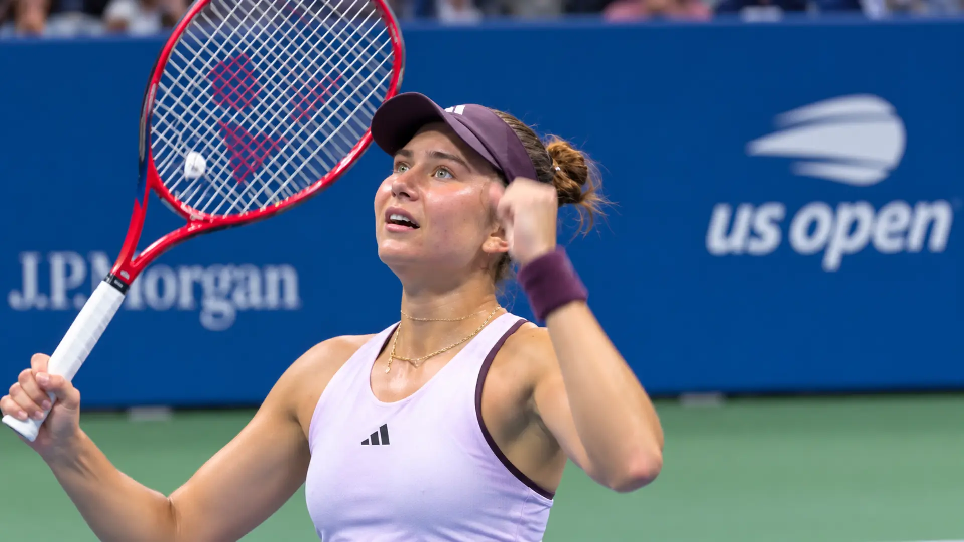 Iva Jovic celebrates after defeating Alexandra Eala in three sets to reach the fourth round of the 2026 US Open