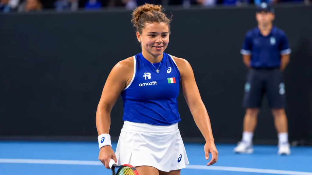 Jasmine Paolini celebrates after defeating China’s Zheng Qinwen in the quarterfinals of the 2026 Billie Jean King Cup