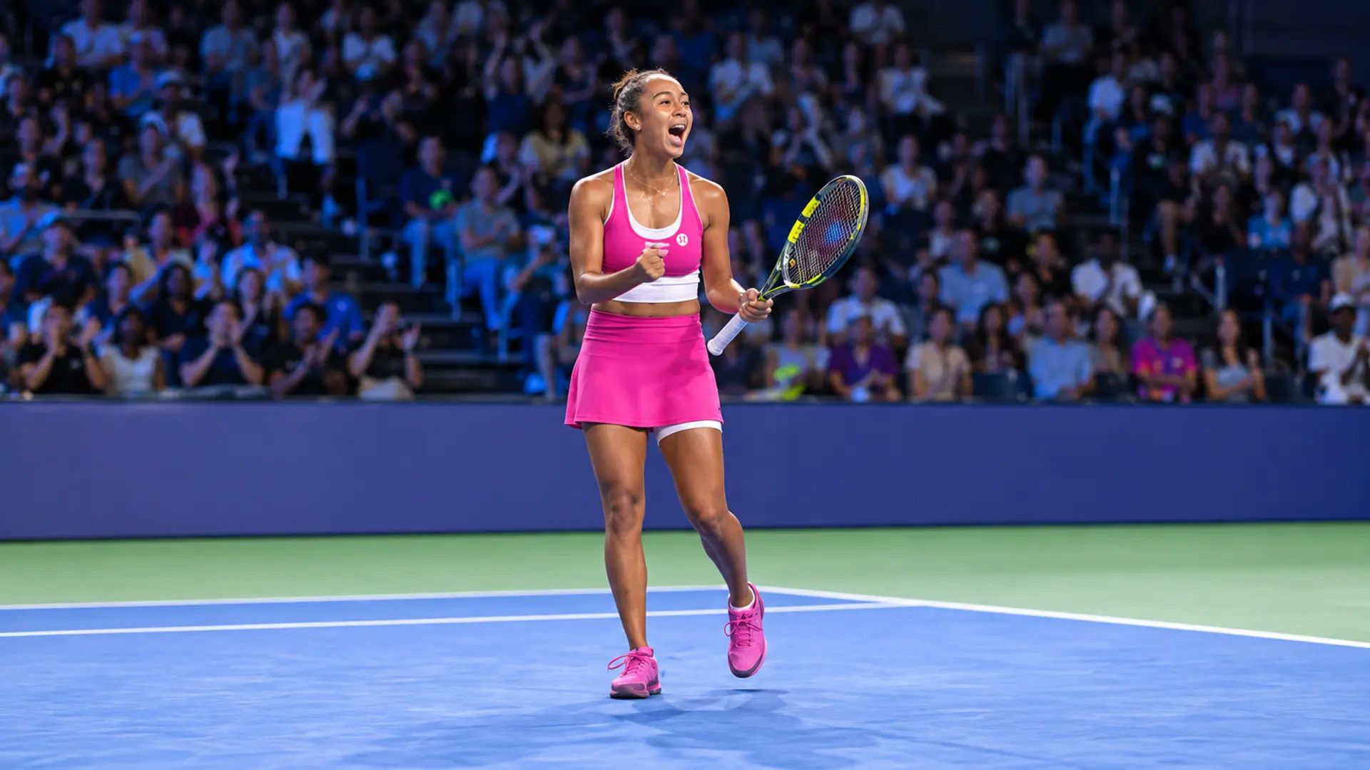 Leylah Fernandez celebrates after defeating Mirra Andreeva in the quarterfinals of the 2026 Singapore Tennis Open