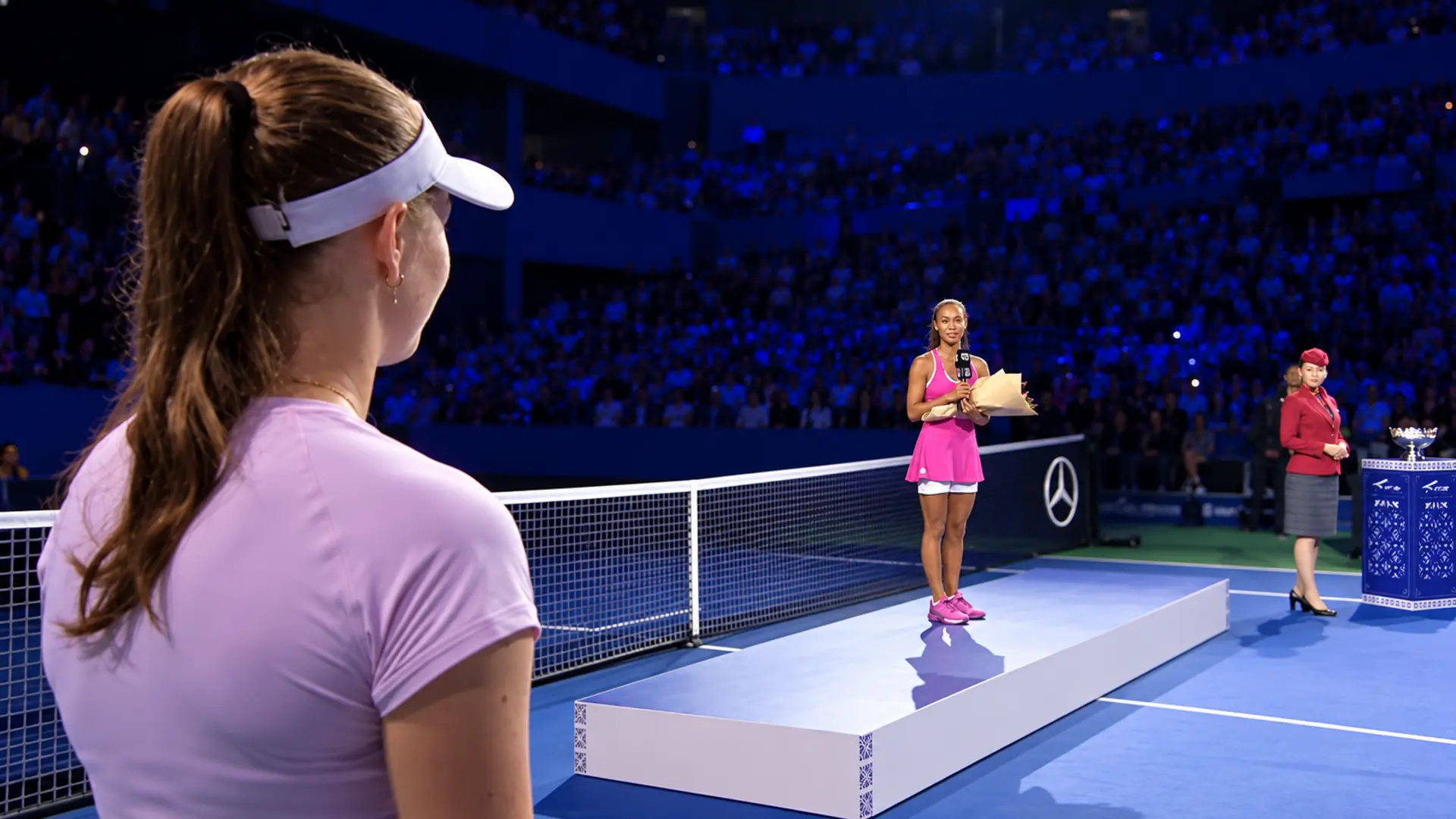 Singapore Tennis Open champion Leylah Fernandez congratulates runner-up Talia Gibson after the 2026 final