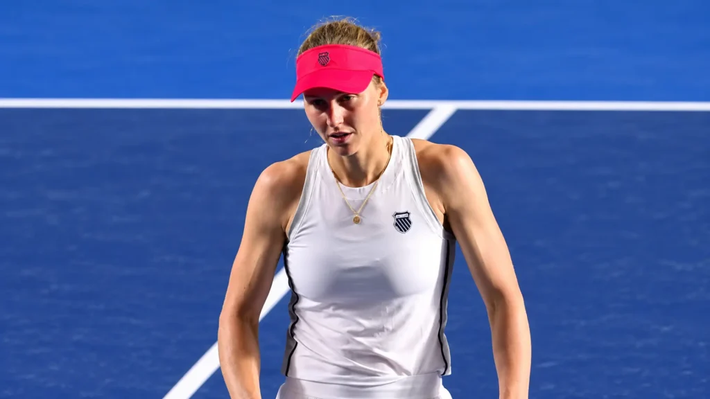 Liudmila Samsonova reacts after defeating Kayla Day at the 2026 Guadalajara Open