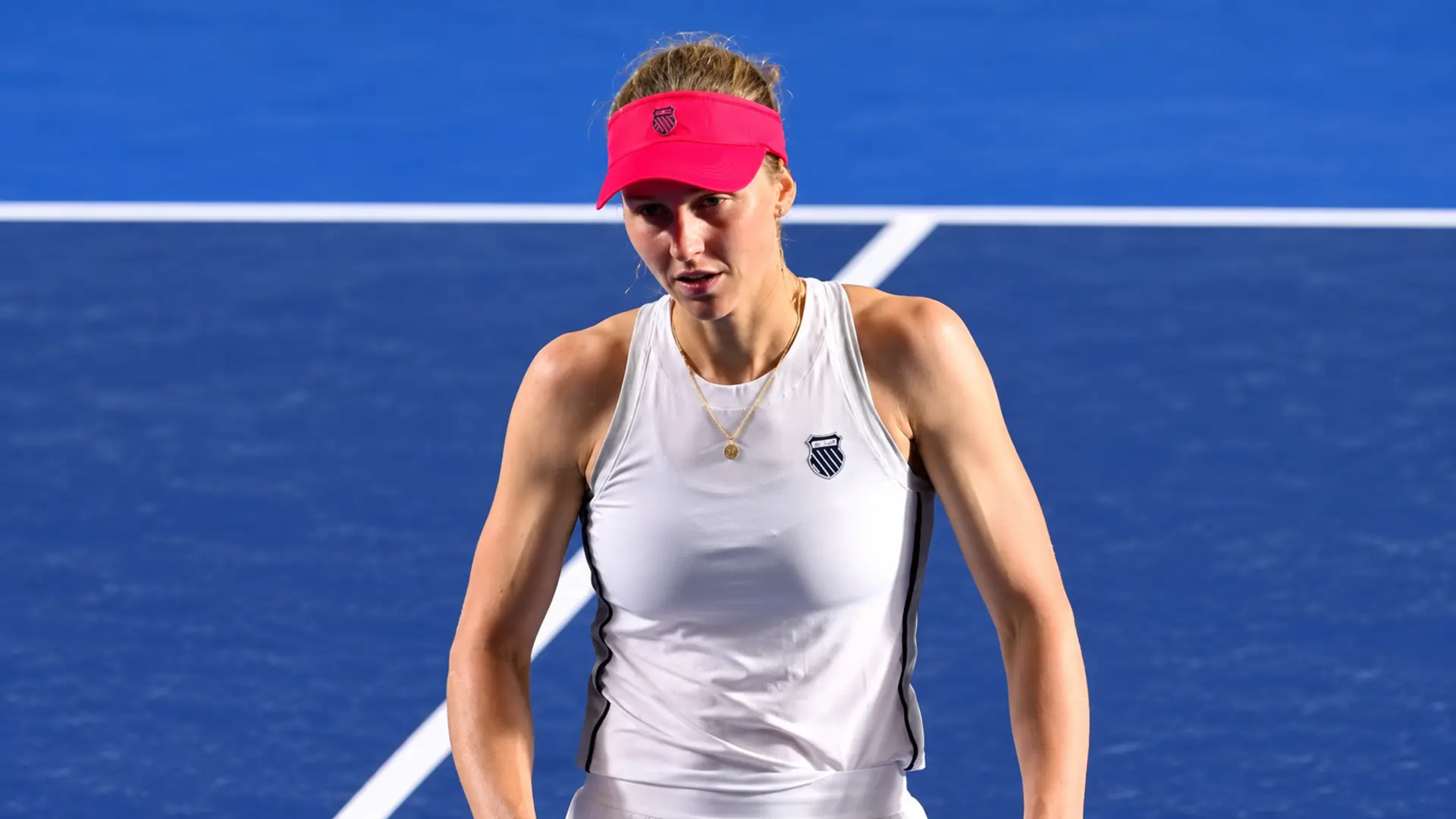 Liudmila Samsonova reacts after defeating Kayla Day at the 2026 Guadalajara Open