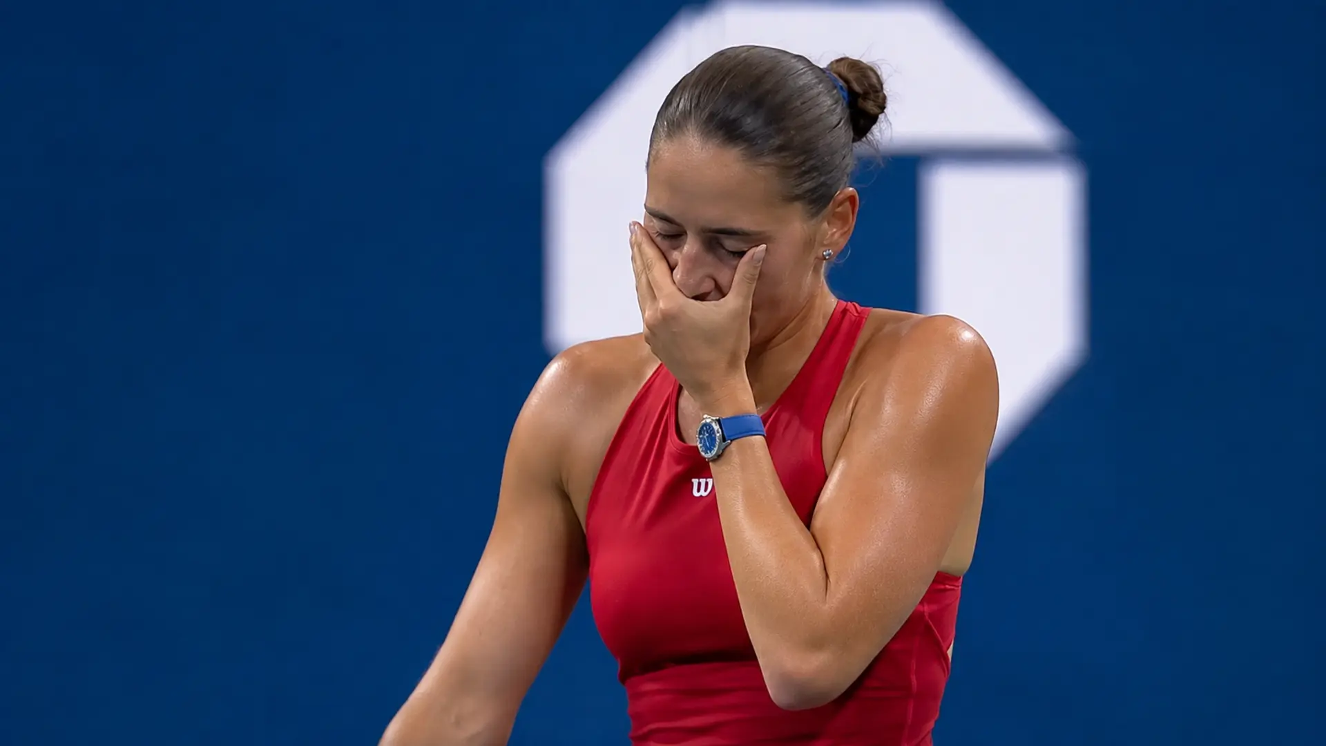 Marta Kostyuk reacts emotionally after winning her second-round match at the 2026 US Open