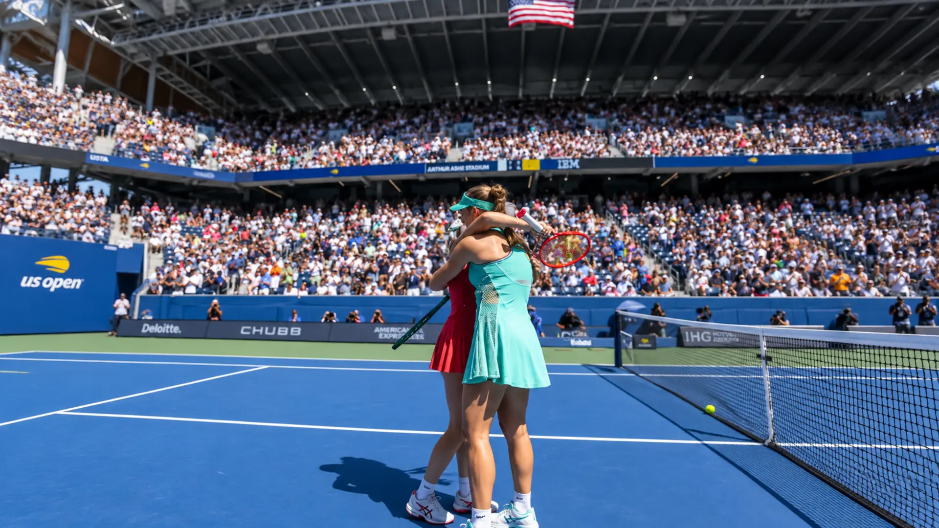 Mirra Andreeva comforts Anastasia Potapova after Potapova suffers an injury at the 2026 US Open