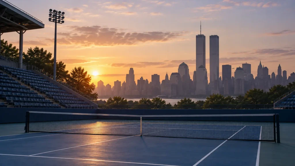 New York skyline with the Twin Towers beyond an empty tennis court during the 2001 US Open