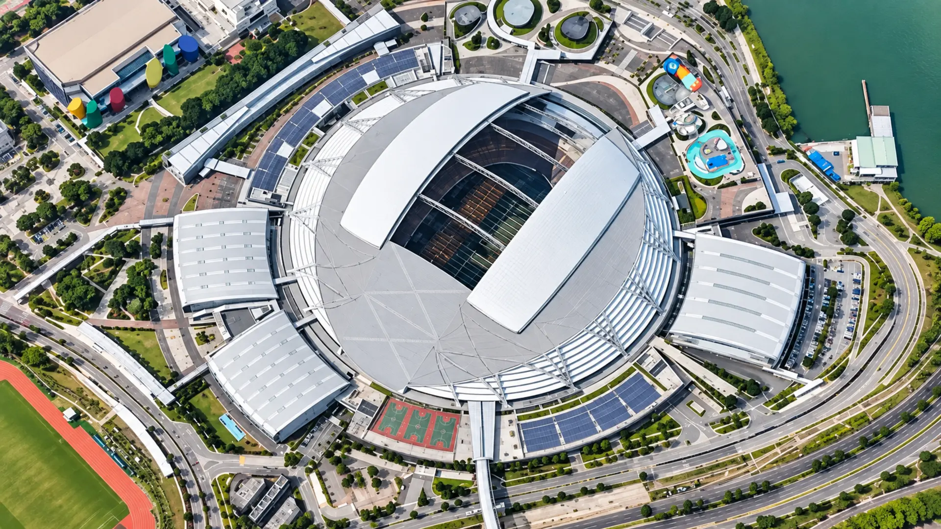 Aerial view of the OCBC Arena complex, venue for the 2026 Singapore Tennis Open