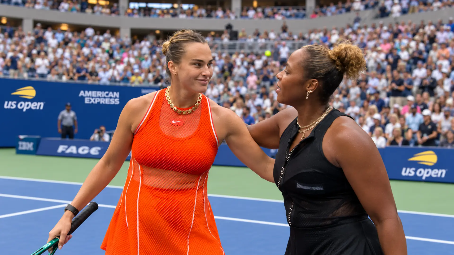 Taylor Townsend congratulates Aryna Sabalenka after their fourth-round match at the 2026 US Open