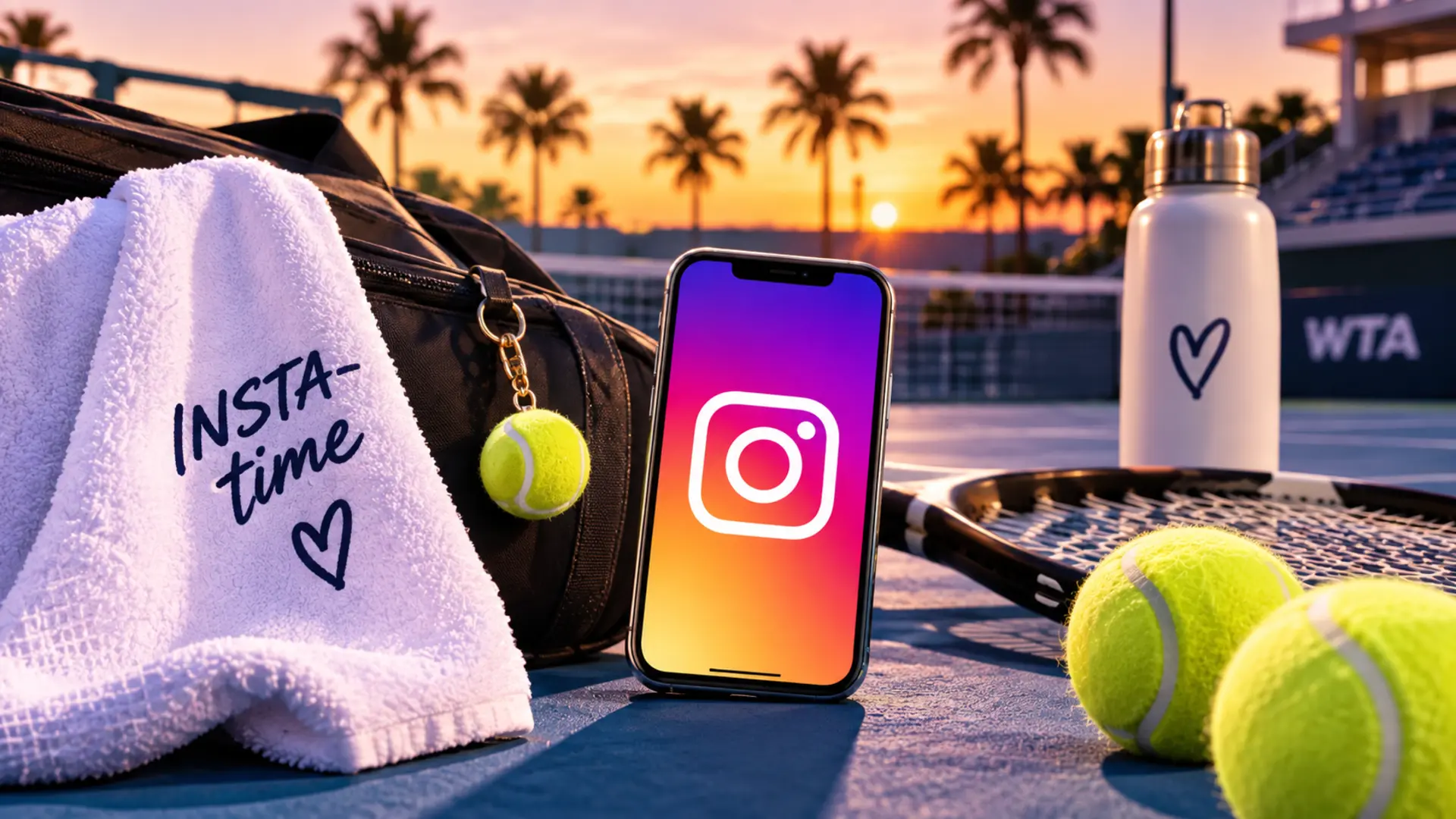 Tennis court scene with a smartphone displaying Instagram, alongside tennis balls, a racket and a bag for a WTA players Instagram directory.