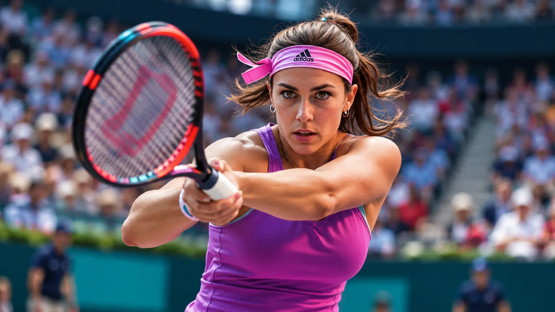 Female tennis player hitting a forehand during a professional match