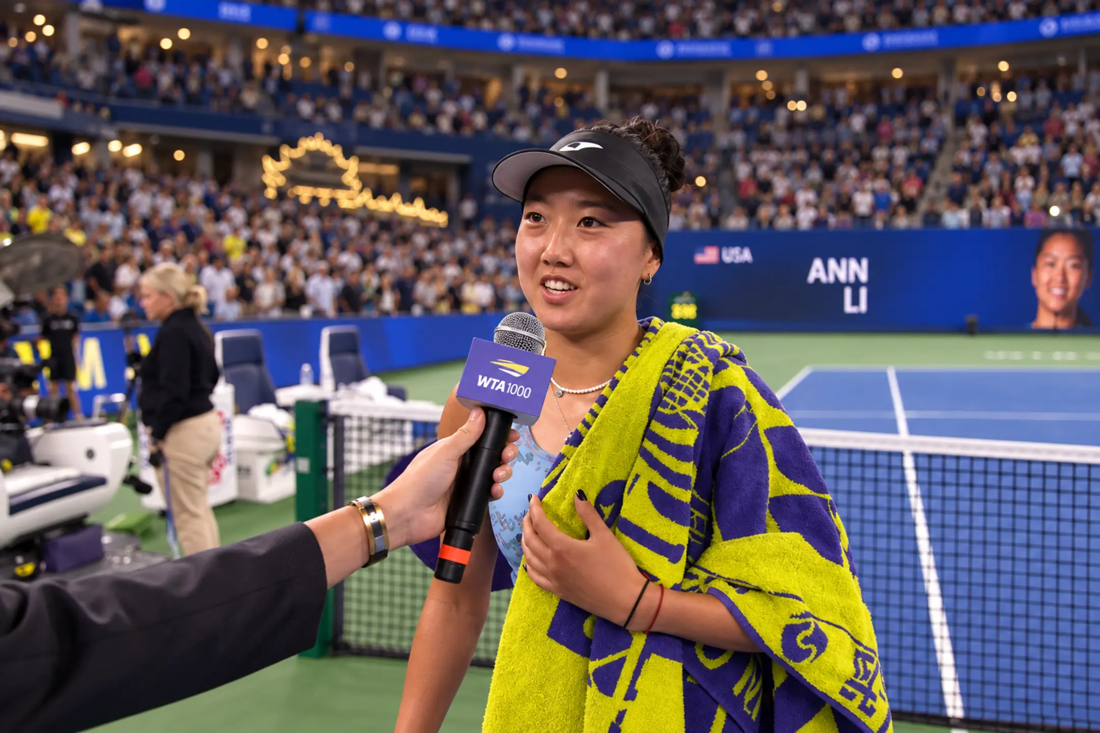 Ann Li celebrates after defeating Aryna Sabalenka on her tenth match point at the 2026 Wuhan Open