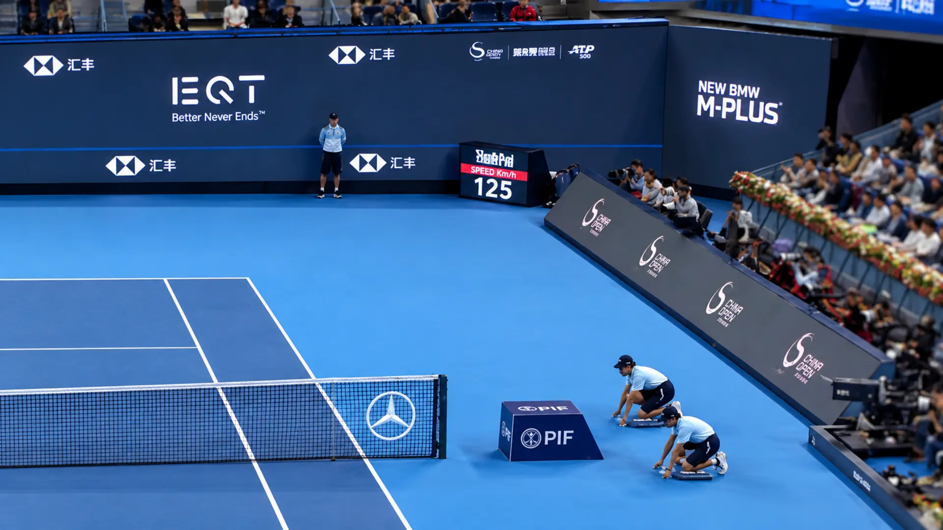 Courtside LED billboard at the 2026 China Open that Coco Gauff complained about during her match against teenager Xinran Sun