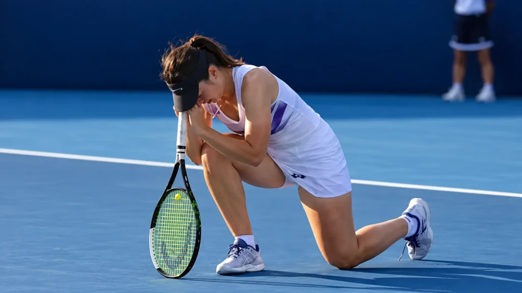 Ukraine’s Daria Snigur celebrates after upsetting Jasmine Paolini at the 2026 China Open
