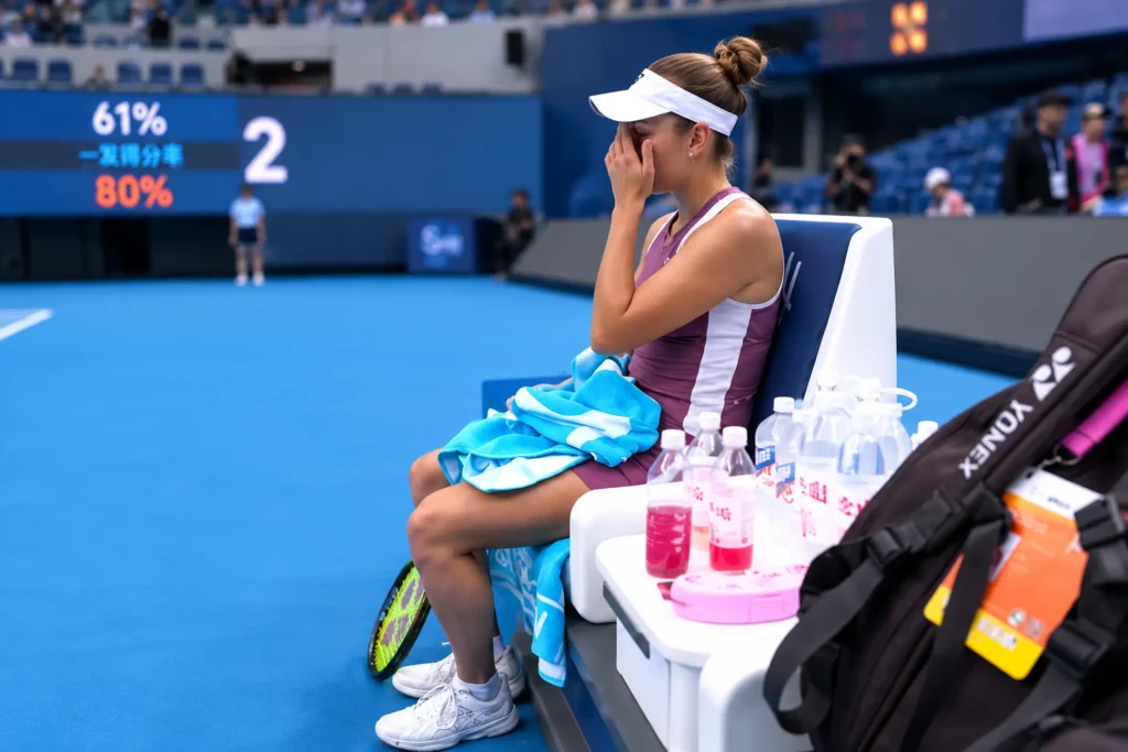 Elise Mertens sits down in disbelief after recording her first career victory over Coco Gauff in the China Open 2026