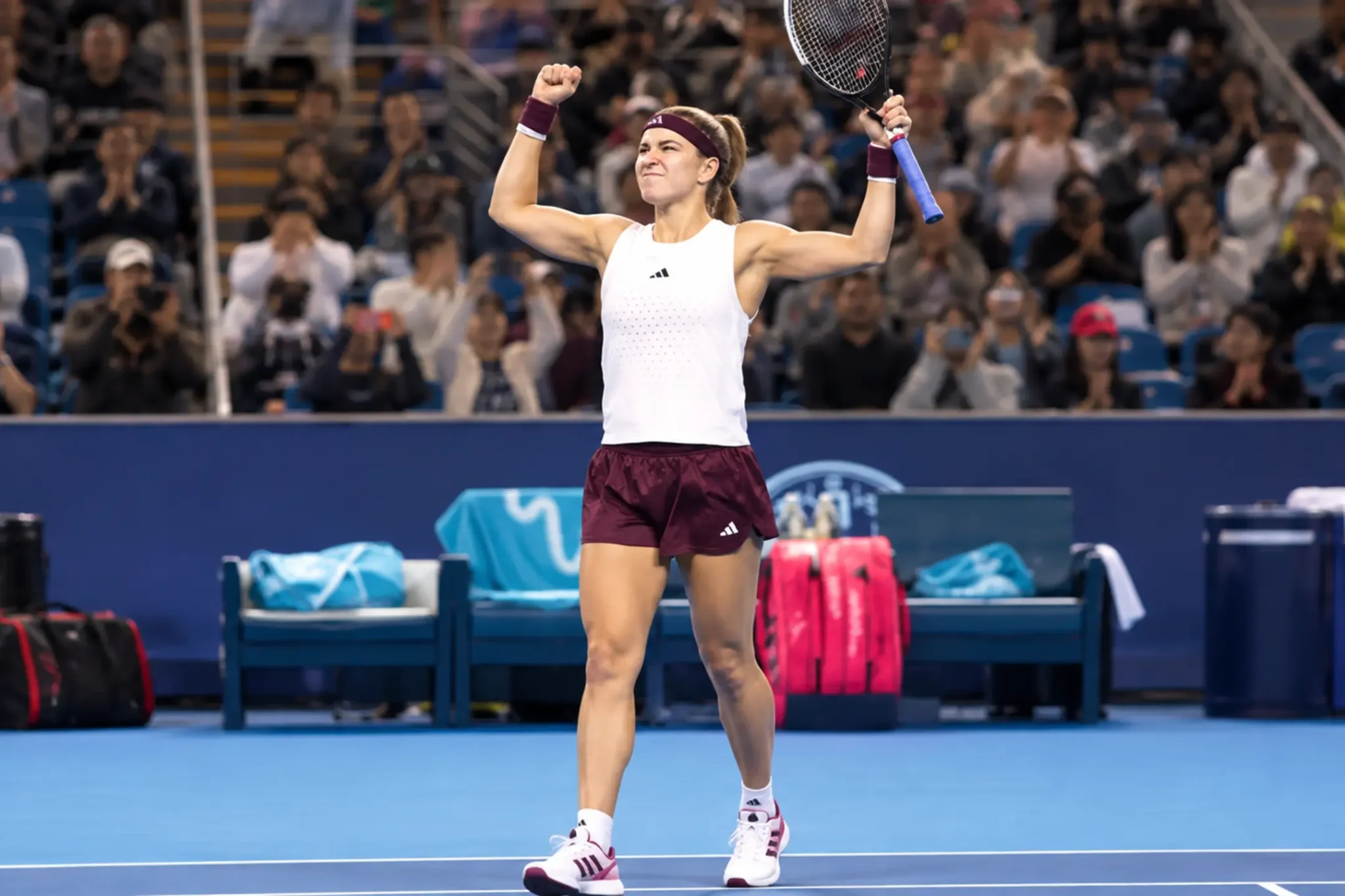 Karolina Muchova celebrates after winning her eighth tiebreak of the season and sealing victory at the 2026 China Open
