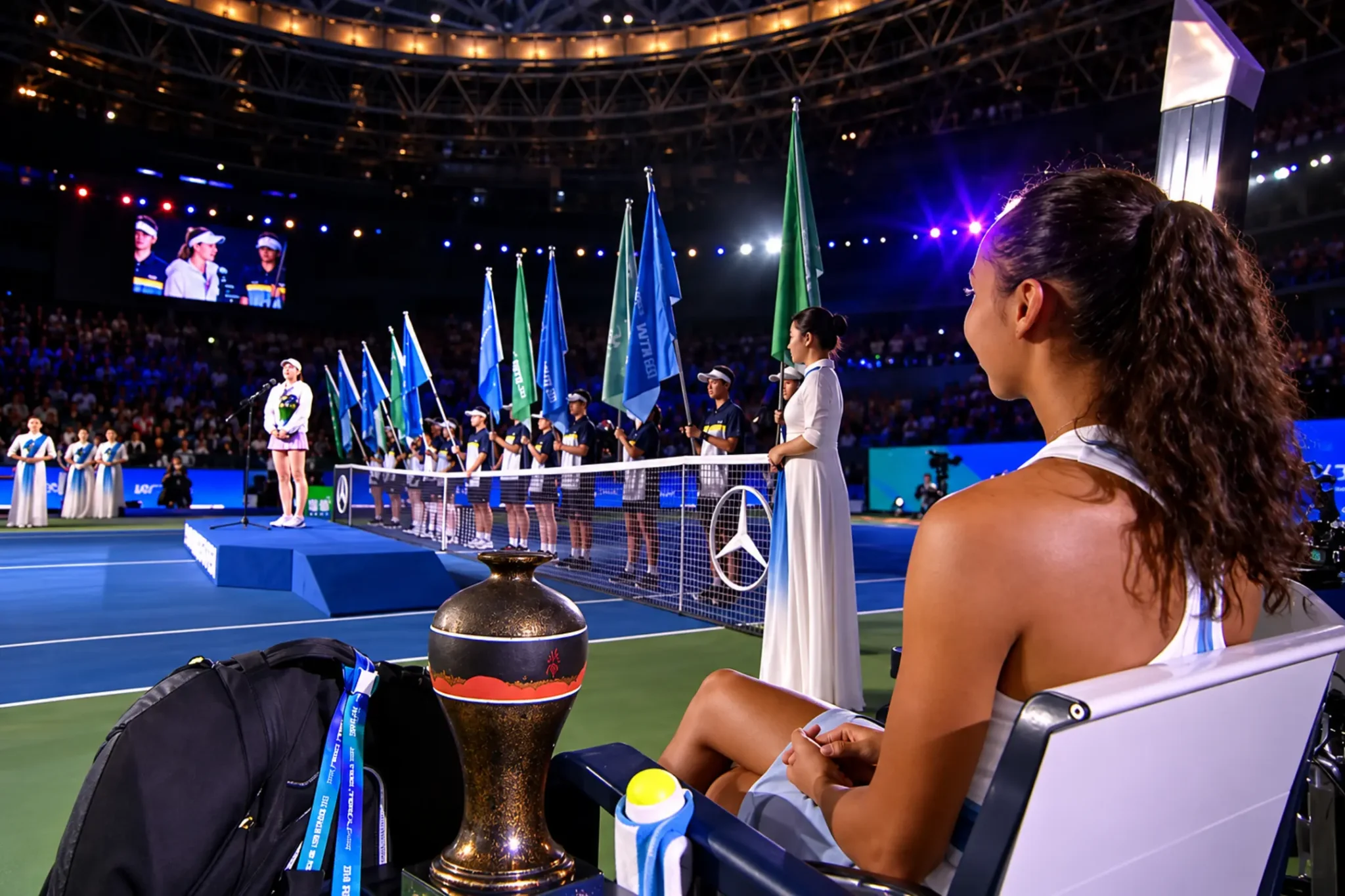 Leylah Fernandez watches as Ningbo Open champion Elena Rybakina congratulates her on finishing runner-up in 2026