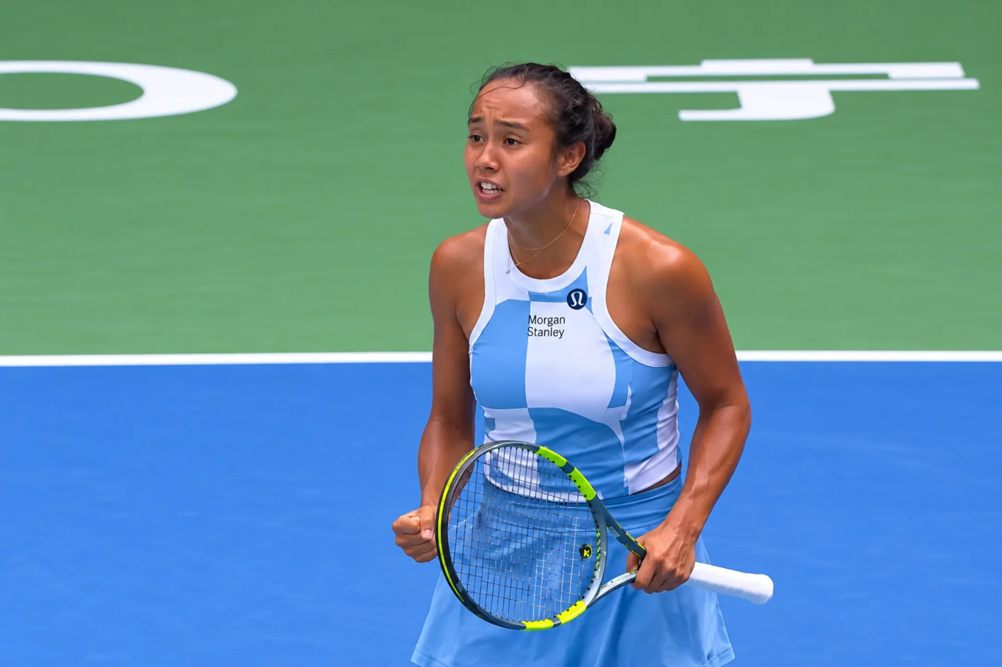 Leylah Fernandez celebrates after defeating Elise Mertens in the first round of the Ningbo Open