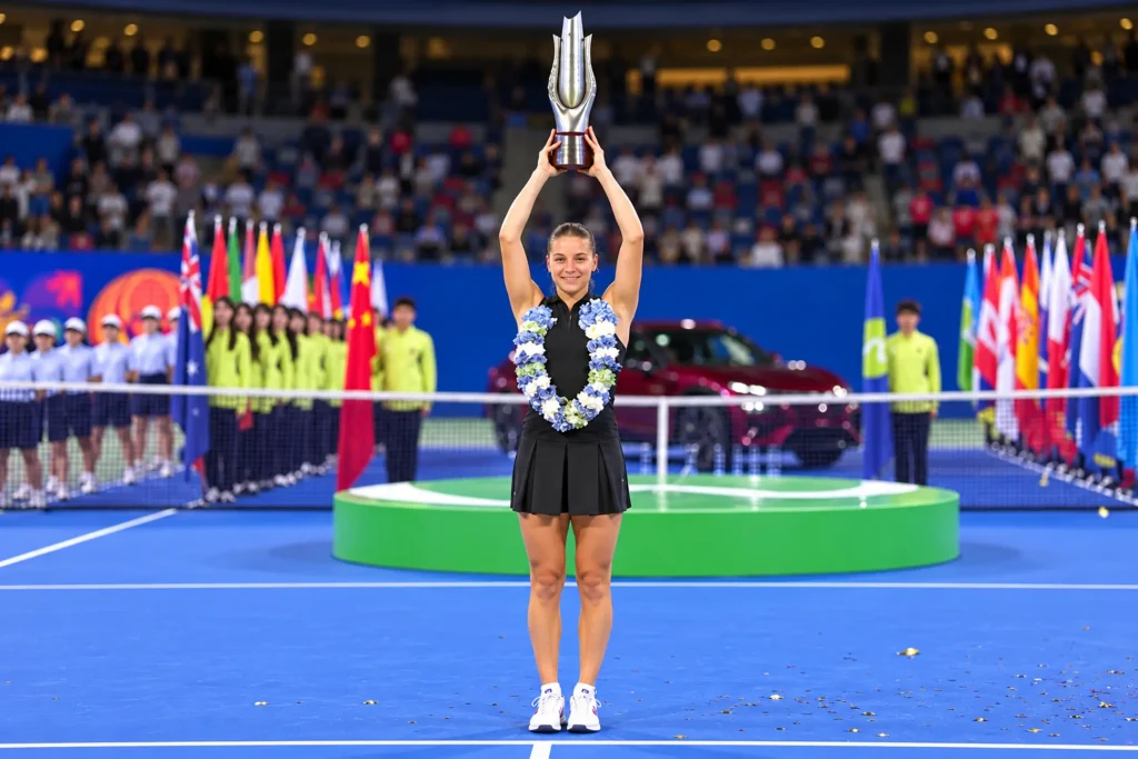 Maja Chwalinska lifts the 2026 Wuhan Open singles champion’s trophy after winning the title