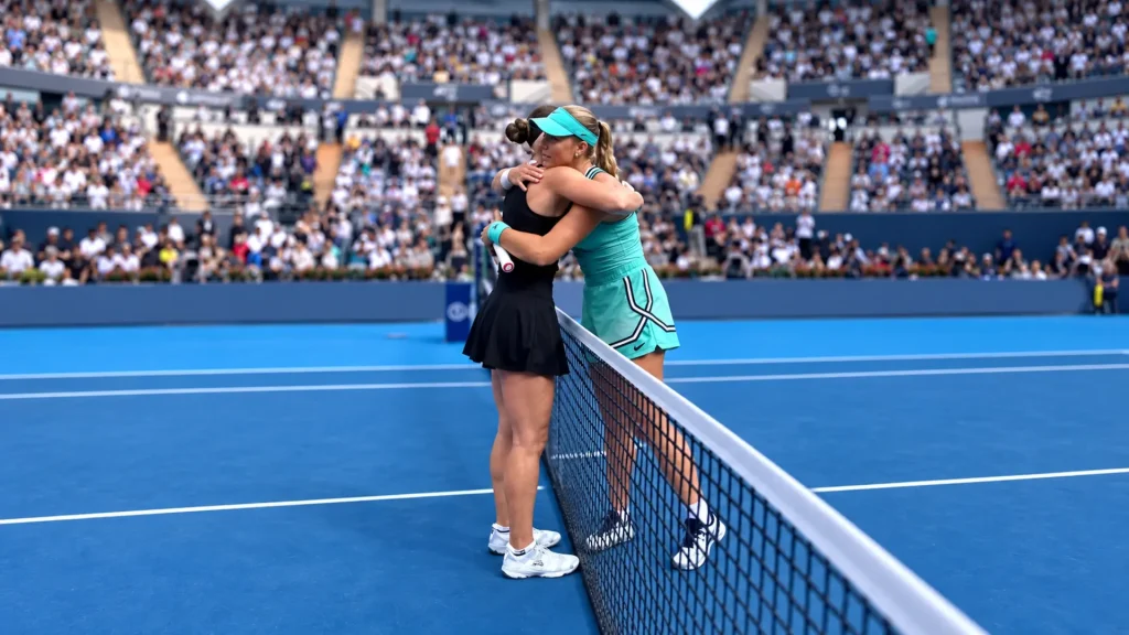 Mirra Andreeva comforts Polina Kudermetova at the net during the 2026 China Open