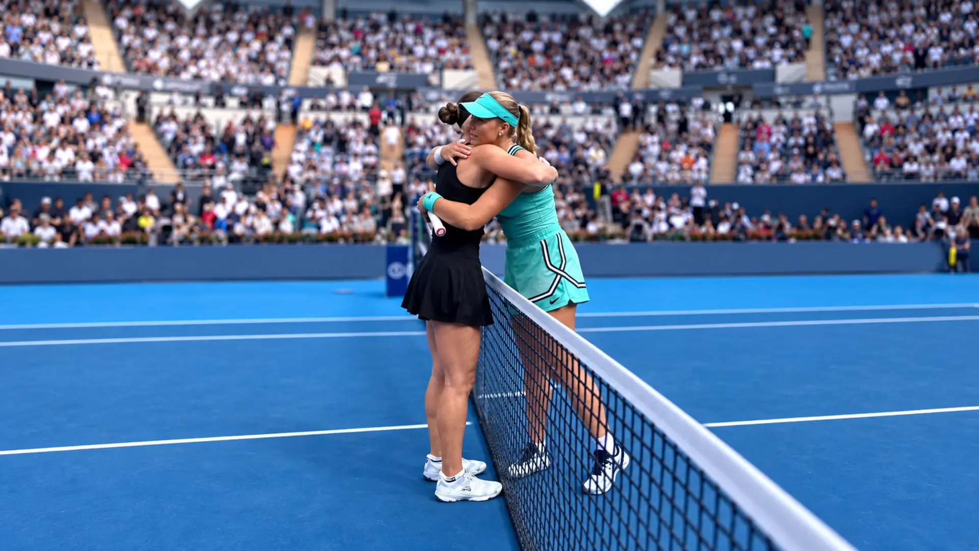 Mirra Andreeva comforts Polina Kudermetova at the net during the 2026 China Open