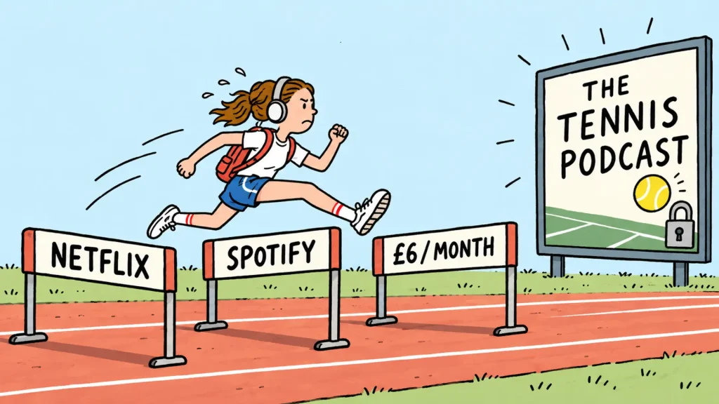Teenage tennis fan wearing headphones hurdles over Netflix, Spotify and a £6 monthly paywall toward The Tennis Podcast.