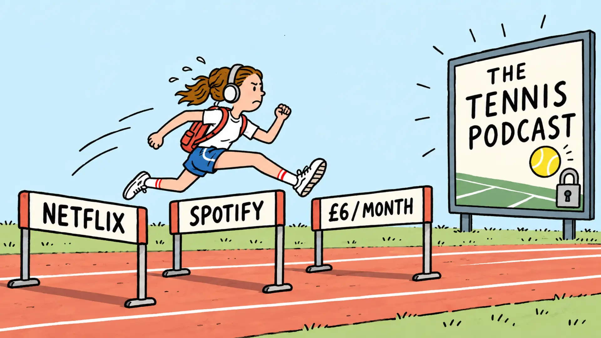 Teenage tennis fan wearing headphones hurdles over Netflix, Spotify and a £6 monthly paywall toward The Tennis Podcast.