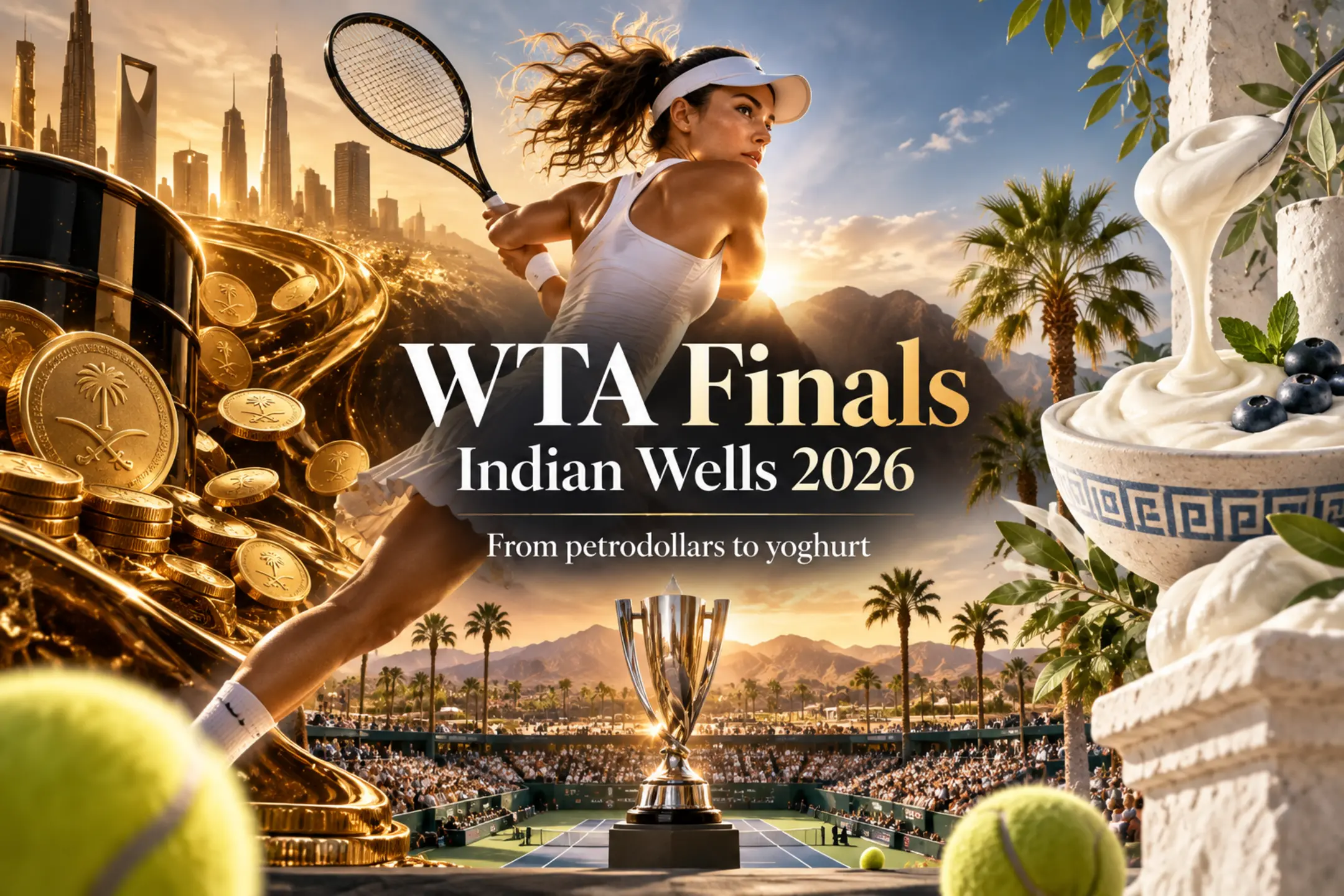 WTA Finals Indian Wells 2026 prize money graphic featuring a female tennis player, Saudi petrodollars, Greek yoghurt, and the championship trophy.